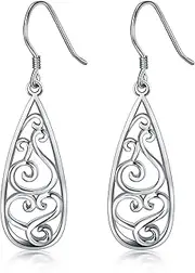 [BORUO] Solid 18K Gold Over 925 Sterling Silver Dangle Earrings, Lightweight Filigree Teardrop Earrings/Silver Earrings, Gold Earrings for Women