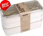 3-Layer Stackable Bento Lunch Box, 900ml, Wheat Straw, 3-In-1 Compartment