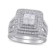1.5 CT. T.W. Princess-Cut Quad Natural Diamond Triple Frame Split Shank Antique Vintage-Style Bridal Engagement Ring Set in Solid 14K White Gold