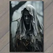 FLATCARD Eerie Woods hooded woman blank face lurking mysteriously shadows