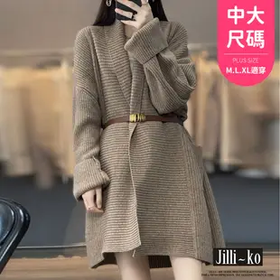 JILLI-KO 慵懶風針織外套女中長款外搭風衣寬鬆中大碼- 咖/卡