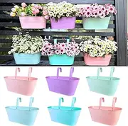 LaLaGreen Outdoor Hanging Planter (6 Pack, 11.2 Inch) Light Pink, Light Purple, Turquoise, Light Blue, Peachy Pink, Cadet Blue Metal Iron Window Flower Pot Deck Railing Balcony Fence Rail Garden Decor
