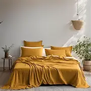 RAGA 100% Cotton Bed Sheet Set, 375 Thick Thread Count and Sateen Weave, Super Soft and Durable, 4 Pieces Sheet Set, Solid Plain Color (Golden Mustard, Queen)