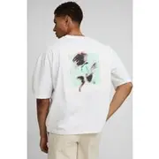 Mens White Oversized Boxy Heavyweight Floral Patch Applique T-Shirt