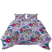 Purplish Sugar Skulls and Flowers Coverlet