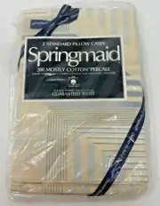 SPRINGMAID 2 Standard Pillow Cases Beige & Blue No Iron Mostly Cotton Percale
