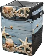 Car Trash Can with Lid and Storage Pockets Leak-Proof Organizer,Multipurpose Trash Bin for Car,Beach Seashells Starfish Marine Sand