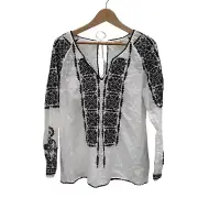 Odd Molly Boho Embroidered "Coffee Break" Peasant Tunic Top White Black M NWT