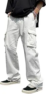 [Aosufei] Men's Comfort Drawstring Elastic Waist Cargo Pants Regular Fit Solid Hiking Pants Joggers Wide Leg Trousers, White4, Medium