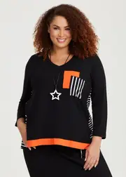 [Taking Shape] Taking Shape Natural Orange Stripe Top Size 22 in Black / Stripe, Viscose - Plus Size Women's Clothing Black / Stripe