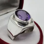 Natural Amethyst Stone Decent Band Real Amethyst Birthstone Ring Silver 925