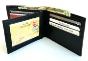 BLACK MENS LEATHER BIFOLD WALLET 11 Card Center Flap Front Pocket