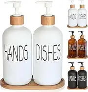 Monehet Glass Soap Dispenser Set, Contains Hand and Dish Dispenser. Kitchen Set Suitable for Black White Decor (White & Tray),(QXAUJ)