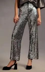 Maeve Anthropologie Colette Cropped Wide-Leg Sequin Pants Silver Cocktail 31