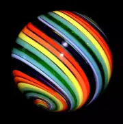 EDDIE SEESE GLASS MARBLE/1.785"-MULTI-COLORED DT w/GREEN AVENTURINE-BUTTERNUT,BL