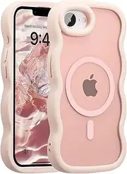 UEEBAI Magnetic for iPhone 16e Case, Cute Cover Compatible with MagSafe, 2025 Transparent Clear Wave Design Wavy Frame Matte Phone Case, Pink