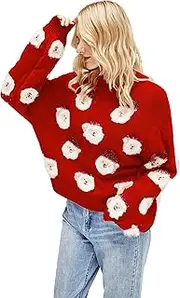 [Caqilore] Women's Christmas Sweater Santa Print Ugly Pullover Knitted Jumper Long Sleeve Crew Neck Sweater Shirt