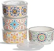 Chubacoo Ceramic Bowl with Lid: Microwave Safe Soup Containers Set of 4 for Meal Prep, Cereal, Salad, Picnic, Camping, Office Lunch, Kitchen Food Storage - 5 Inch, 20 oz, Design B
