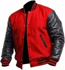 Varsity Bomber Letterman Retro Red Wool & Black Leather Sleeves Jacket for Men
