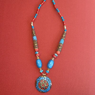 5 PIECE WHOLESALE LOT NECKALCE INDIA ETHNIC TRIBAL BOHO BLUE RED BRASS BEADS