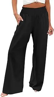 [VREWARE] Womens Pants,Womens Linen Beach Pants Casual Elastic High Waisted Wide Leg Loose Comfy Trousers
