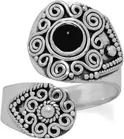 [JewelryWeb] 925 Sterling Silver Oxidized Black Simulated Onyx Wrap Ring Spoon 5mm Stone Band Style-Ring for Women