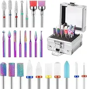 25Pcs Nail Drill Bits Set with Portable Holder, 3/32 Inch Ceramic Diamond Carbide Cuticle Efile Remover Nail Drill Bit for Home Salon Acrylic Gel Polish Manicure Pedicure