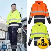 5 x Mens Hi Vis Stretch Tape Hoodie Reflective Workwear Pullover Jumper ZT483