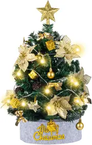 60CM Artificial Mini Christmas Tree with 20 LED Lights, Small Tabletop Christmas Tree Ornaments Star Tree Topper Decor Xmas Tree Decorations for Indoor Christmas Decor