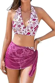 [CUPSHE] Women's Bikini Sets Three Pieces Halter V Neck Self Tied Back Bathing Suit Ruched High Rise Bottom Sarong Cover, White/Purple Paisley, Large