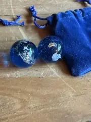 2 Planet Earth Blue Glass Marble Map World Globe Painted Design