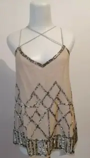 BNWT 12 River Island Beige blouse Shirt Party Top sparkle T singlet cream t tie
