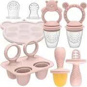 MR.TIMELAG Baby Fruit Feeder & Popsicle Molds 6-in-1 Set - Silicone Teething Mitts, Freezer Trays, Pacifiers & Ice Lolly Makers (Pink Bear + Smiley) - BPA-Free Infant Feeding & DIY Frozen Treat Kit
