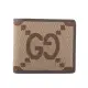 【GUCCI 古馳】Jumbo GG Logo 緹花布及皮革對開8卡短夾(棕色)