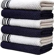 Premium Kitchen Towels (16”x 28”, 6 Pack) – Large Cotton Kitchen Hand Towels – Weft Insert Design – 380 GSM Highly Absorbent Tea Towels Set with Hanging Loop (Navy Blue)