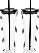 Yisituo 24 oz Clear Tumbler with Lid and Straw, 2 Pack Double Wall Insulated Reusable Travel Cups, Plastic Iced Coffee Cup, BPA-Free,Fits in Cupholders (2, Black)