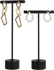 GemeShou 2pcs Black Earring T bar display stand, Metal Earring Display Holder for retail selling, small Jewelry photography props for Show【Black-Round Base 2pcs】