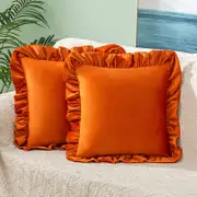 Pack of 2 Velvet Throw Pillow Covers with Ruffle, for Couch Sofa Living Room Decor(Inserts + Pillow Covers)-Orange