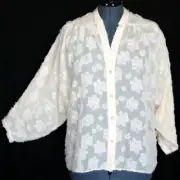 ZARA Women Blouse Top size L Relaxed Button Up Textured Chiffon Flowers Pattern