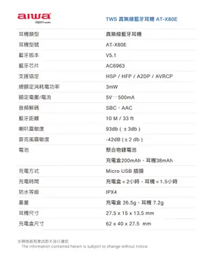(福利品有刮傷)AIWA 愛華 真無線藍芽耳機(黑/白) AT-X80E (雙11特惠) (4.2折)