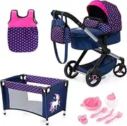 Bayer Design 17054AB Dolls pram XEO, Doll Stroller, Carriage pram with Bed, Bag, Sleeping Bag, Accessories