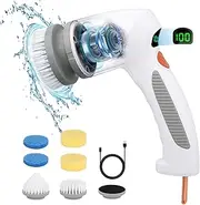 Sivomens Electric Spin Scrubber, Handheld Waterproof Shower Scrubber Rechargeable with 6 Replaceable Heads & LED Display, Electric Power Scrubber for Cleaning Stove Tile Wall Bathroom Kitchen, White