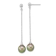 Sterling Silver Rhodium-Plated Polished & Beaded 9-10mm Tahitian Saltwater Pearl Post Dangle Earrings