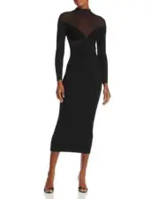 Bardot Aperol Knit Midi Dress Women's S Black Sheer Mesh Panels Long Sleeve Zip~