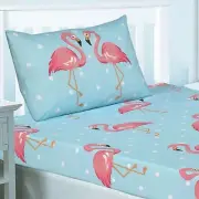 FIFI FLAMINGO BLUE DOUBLE FITTED SHEET & TWO PILLOWCASES SET KIDS GIRLS BEDDING
