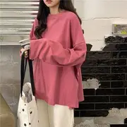 Long-Sleeve Round Neck Plain Slit Oversized T-Shirt Pink - XL