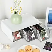 BAIEUEJO Cupboard Organizers Tea Box with 3 Drawers Plastic Stackable Tea Bag Organizer Storage Box for Tea Bags, Coffee, etc. Kitchen Organiser for Kitchen/Bathroom/Dressing/Office, etc (White)