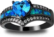 [Ginger Lyne Collection] Mystic Heart Shape Birthstone Promise Ring for Women Black Plated Simulated Fire Opal Purple Blue or Rainbow Cubic Zirconia Goth Engagement Jewelry