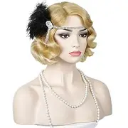 1920s Flapper Wavy Wig with Headband Finger Wavy Vintage Wig 20s curly wavy wig Dirty Blonde Cosplay Costume Hair Halloween Wigs