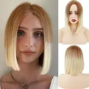 Queentas Ombre Brown to Blonde Wig Short Bob Straight Synthetic Hair Wig with Wig Cap for Women Girls 14”